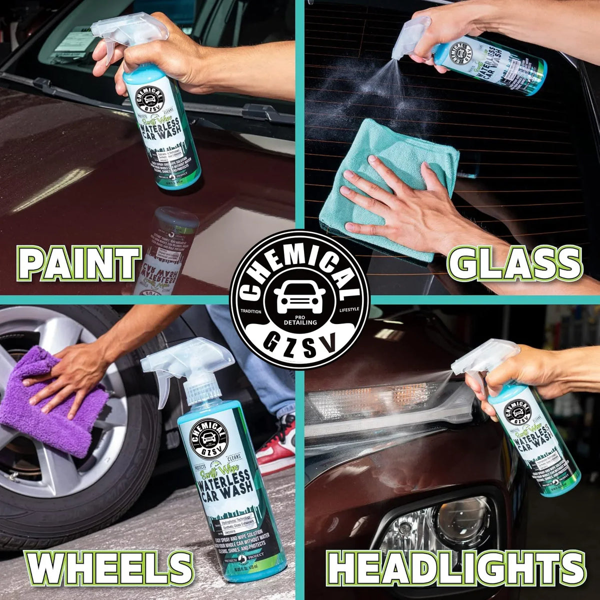 Collection de lingettes chimiques sans eau et outils de nettoyage pour la carrosserie, le verre, les roues et les phares