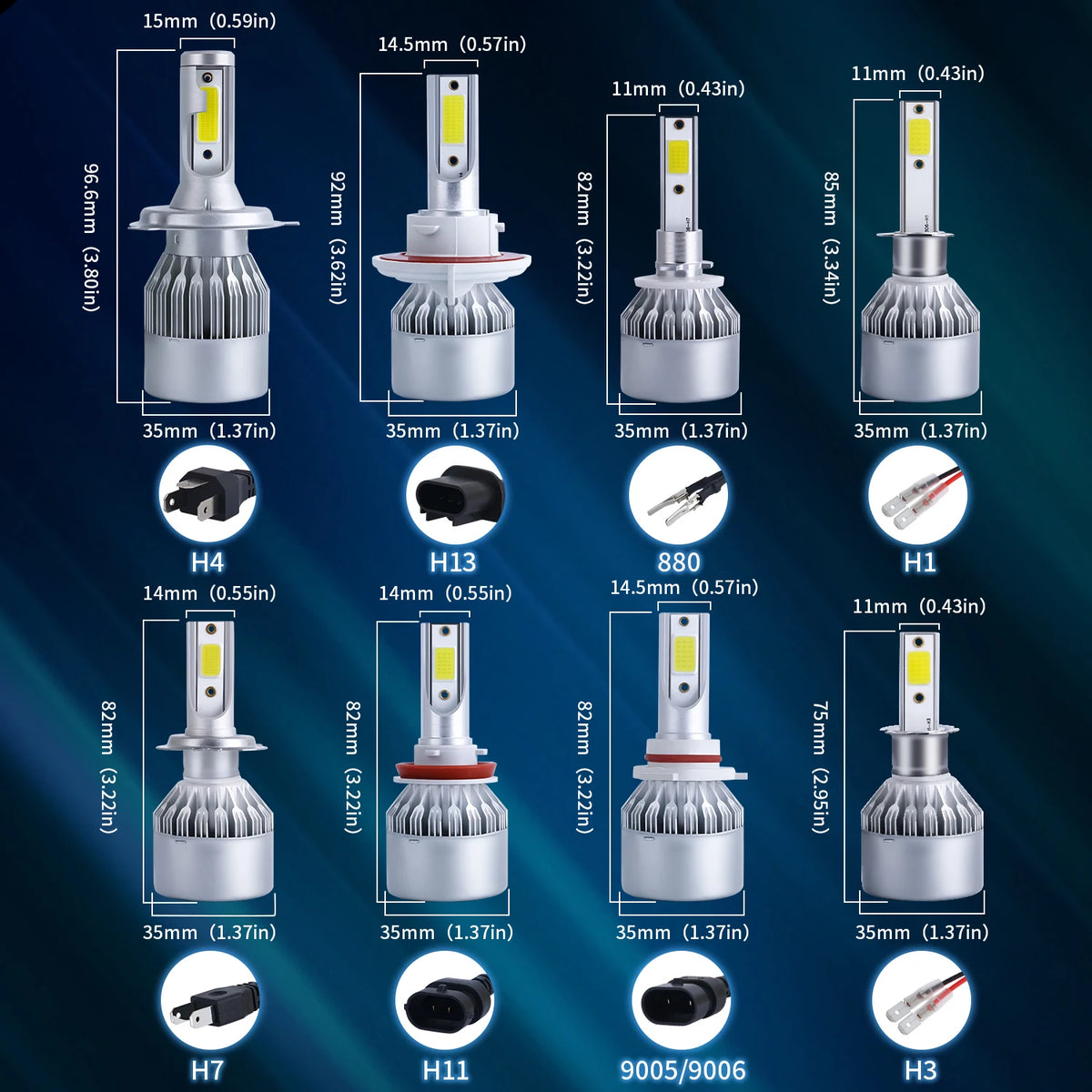 A collection of high-performance LED car headlight bulbs labeled H4, H13, 880, H1, H7, H11, and H3 with dimension diagrams.