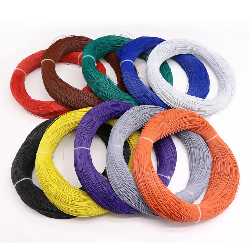 A collection of coiled flexible LED wire in various colors including red, brown, green, blue, gray, and orange.