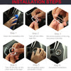 Six steps showing the installation process of a decorative diamond rhinestone car start button cover