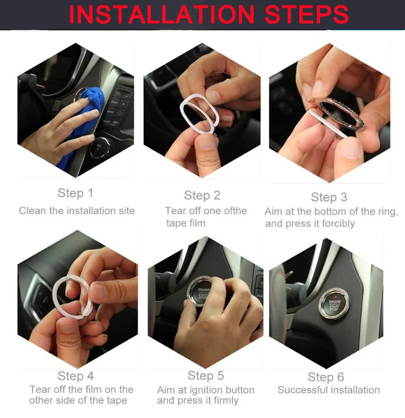 Six steps showing the installation process of a decorative diamond rhinestone car start button cover