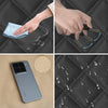 A hand is shown applying a blue cloth to a black quilted surface, demonstrating the anti-slip features of a PU leather car se