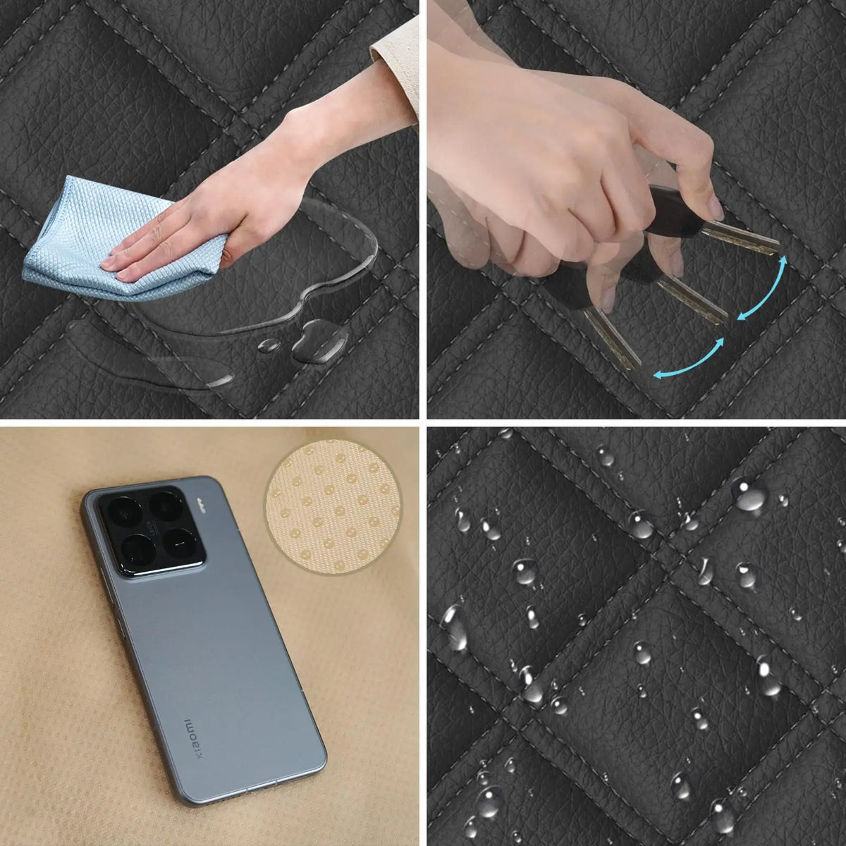 A hand is shown applying a blue cloth to a black quilted surface, demonstrating the anti-slip features of a PU leather car se