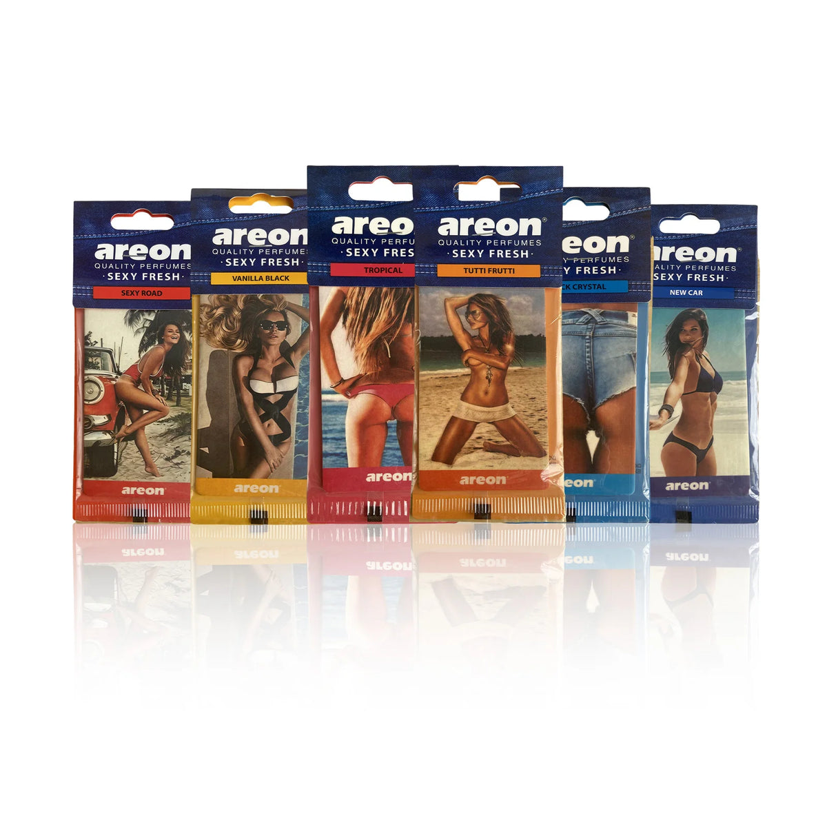 A collection of six aerosol air freshener products with various scents and designs displayed in packaging.
