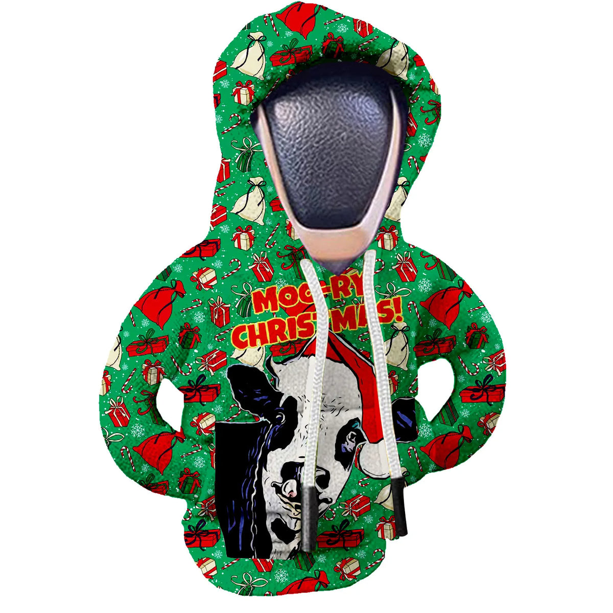 A cozy knit gear shift cover for manual transmission with a festive Christmas pattern.