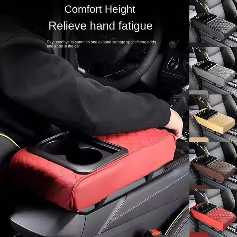 Red car armrest cushion with integrated cup holder providing comfort and relieving hand fatigue