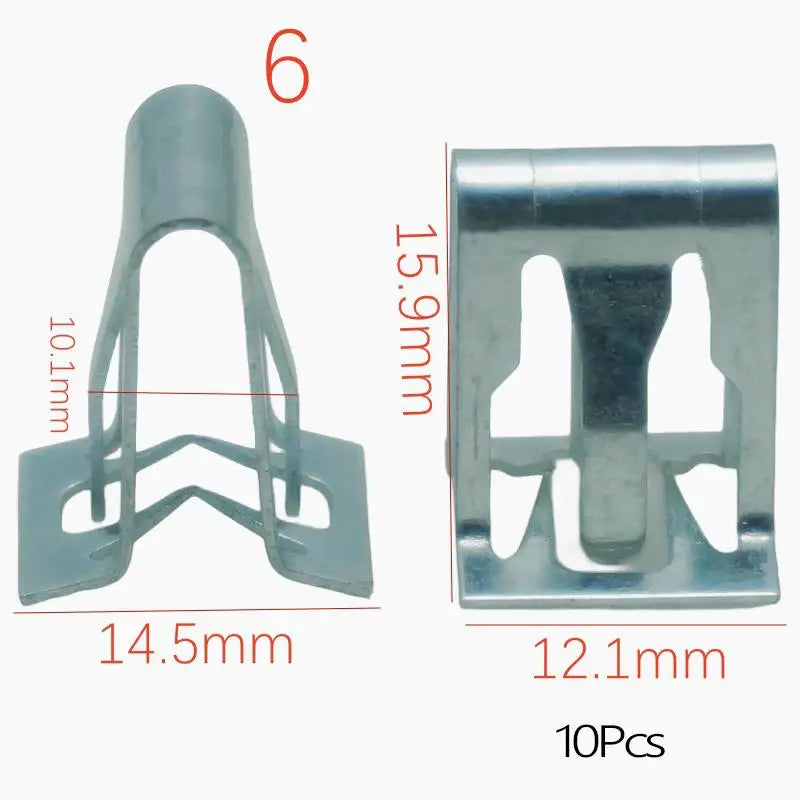 Six metal clips for auto dashboard retainers, measuring 14.5mm wide and 15.9mm long.