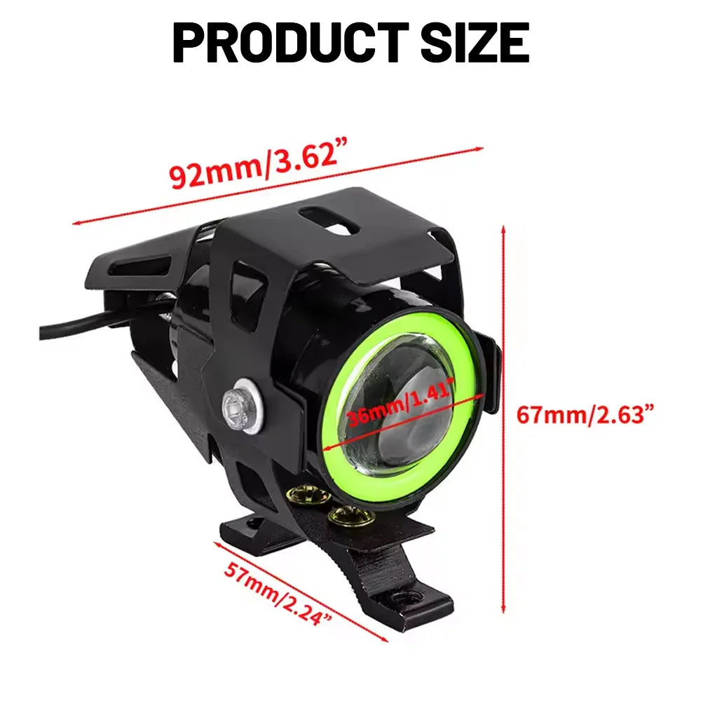 A black universal LED motorcycle headlight spotlight with a 92mm size and a 57mm mounting dimension.