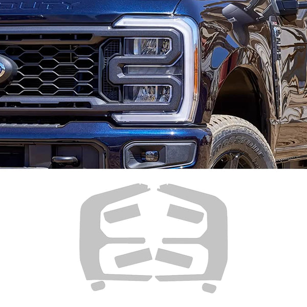 Close-up of a blue Ford F-250 or F-350 grille and headlight assembly with an invisible paint protection film applied.