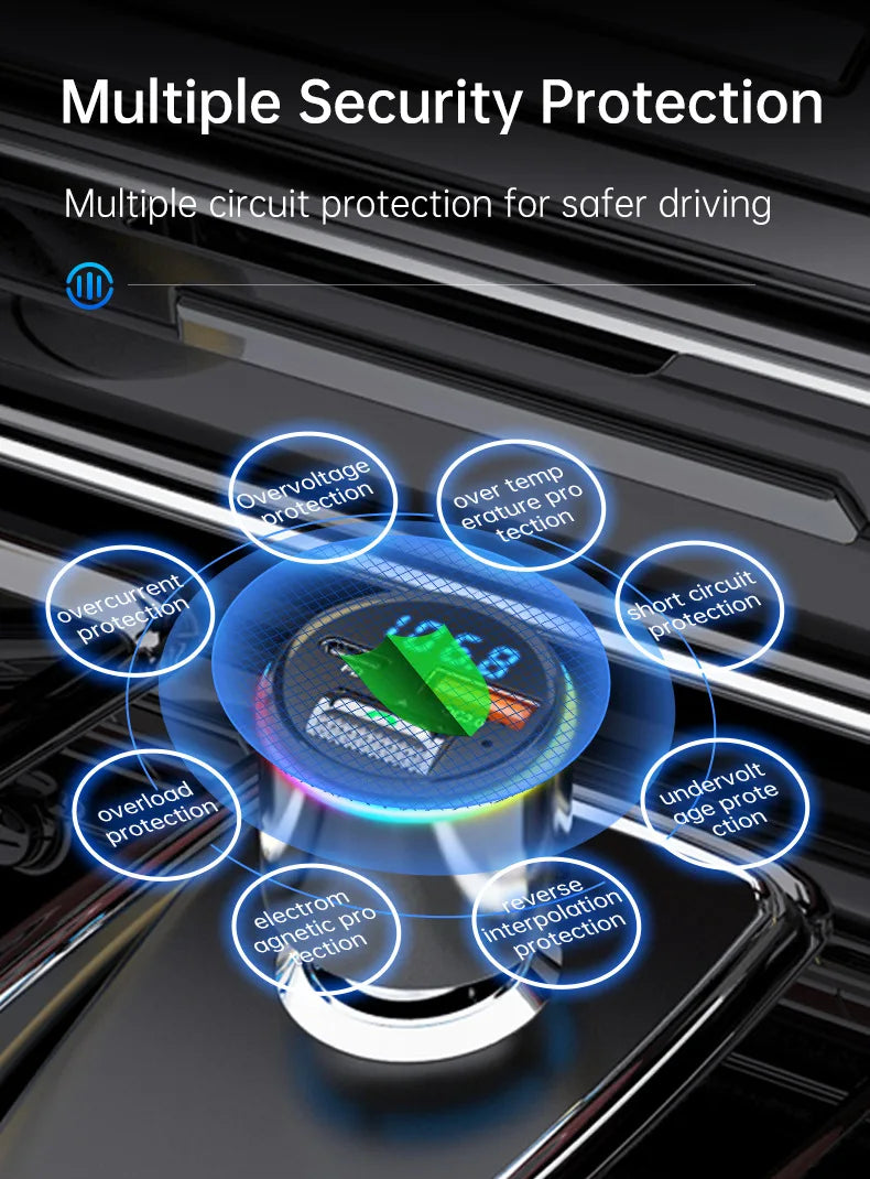 Close-up of a car audio device showing multiple security protections like overvoltage and short circuit protection.