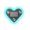 A heart-shaped neon light featuring a rectangular window in the center surrounded by glowing blue light.