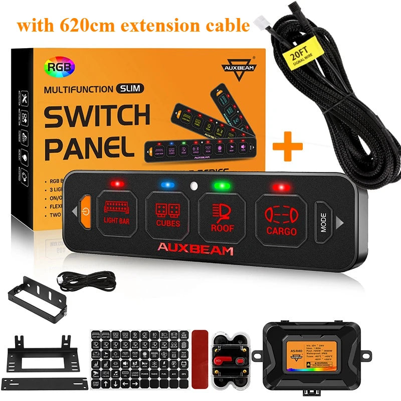 An RGB slim switch panel with a wireless remote and extension cable shown alongside various components.
