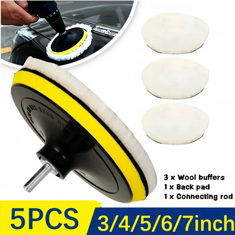 A set of 5 wool buffers including back pads and a connecting rod for auto detailing