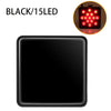 Quadratisches schwarzes universelles LED-Bremslicht mit kreisförmiger Ansicht seiner 15 roten LEDs.