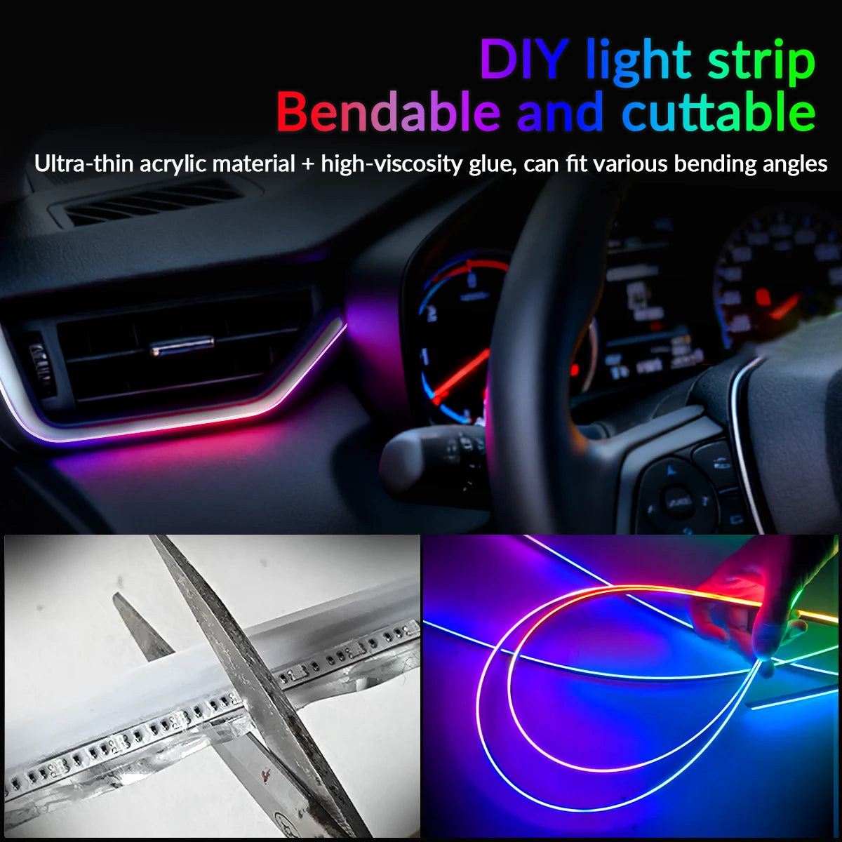 Nahaufnahme eines flexiblen Lichtstreifens, der gebogen und geschnitten wird, mit verschiedenen farbigen LED-Lichtern.