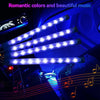 Blue LED strip lights illuminate a car interior, creating a romantic glow with musical notes visible below.