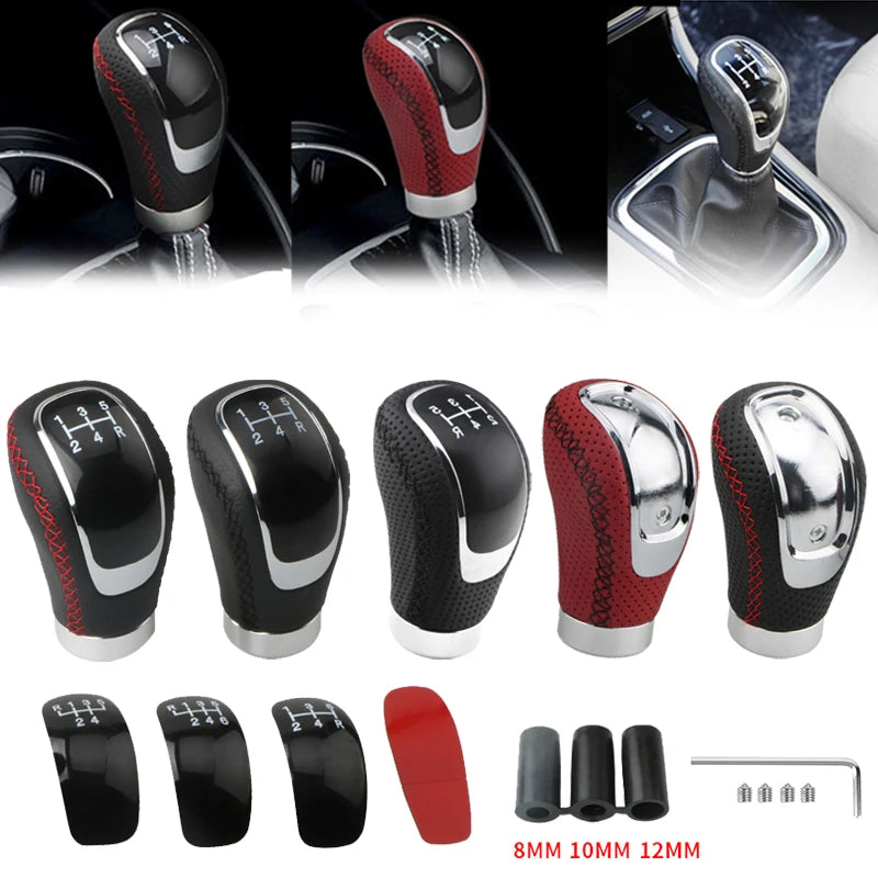 A set of black and red manual gear shift knobs with interchangeable speed covers and various sizes.