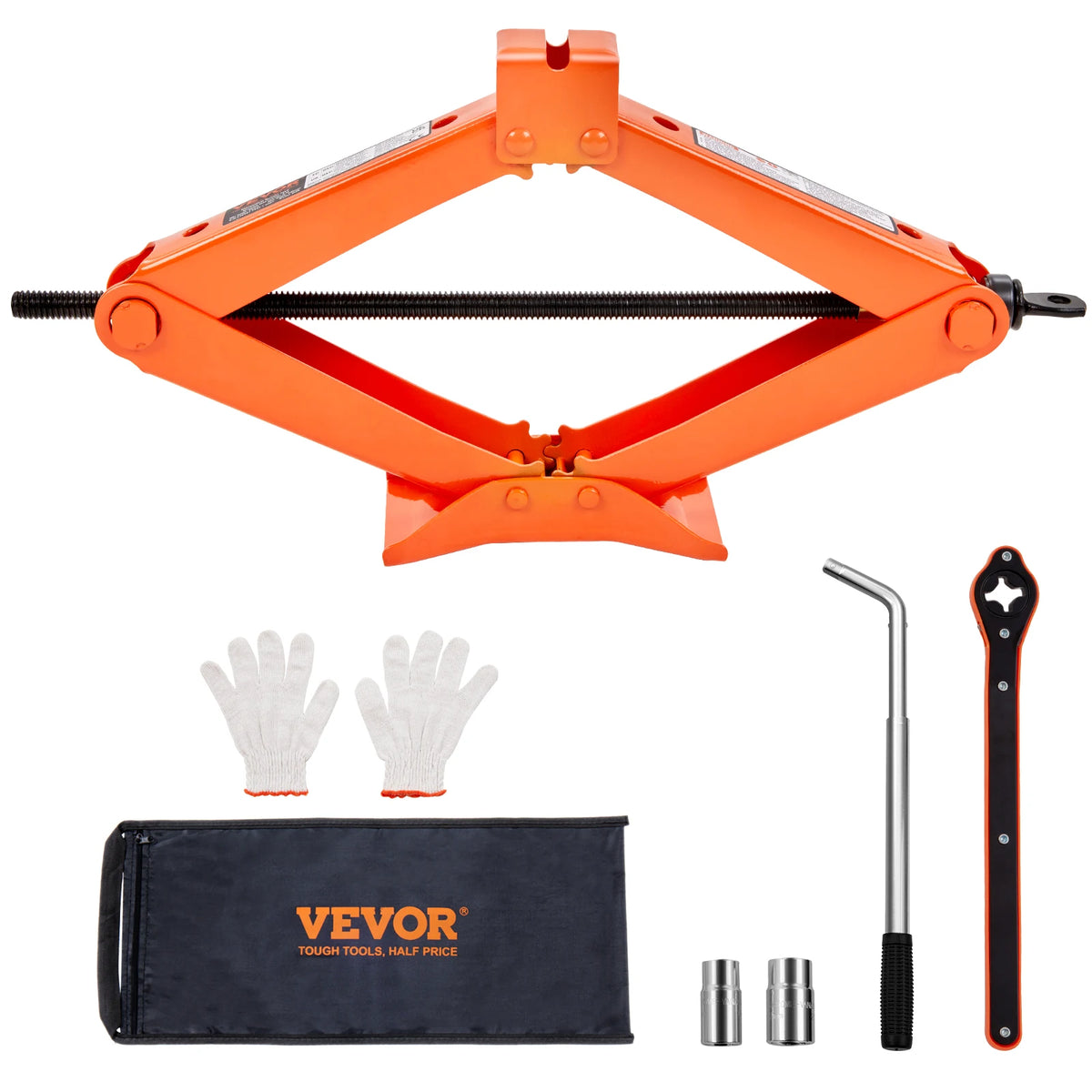 Kit de cric orange avec bras de levage, gants et pochette de rangement.