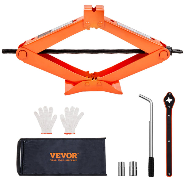 Kit de gato para coche con tijeras naranjas, brazos de elevación, guantes y bolsa de almacenamiento.