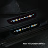 Close-up of a car door sill showing rear installation effect vinyl decals with the word Sports