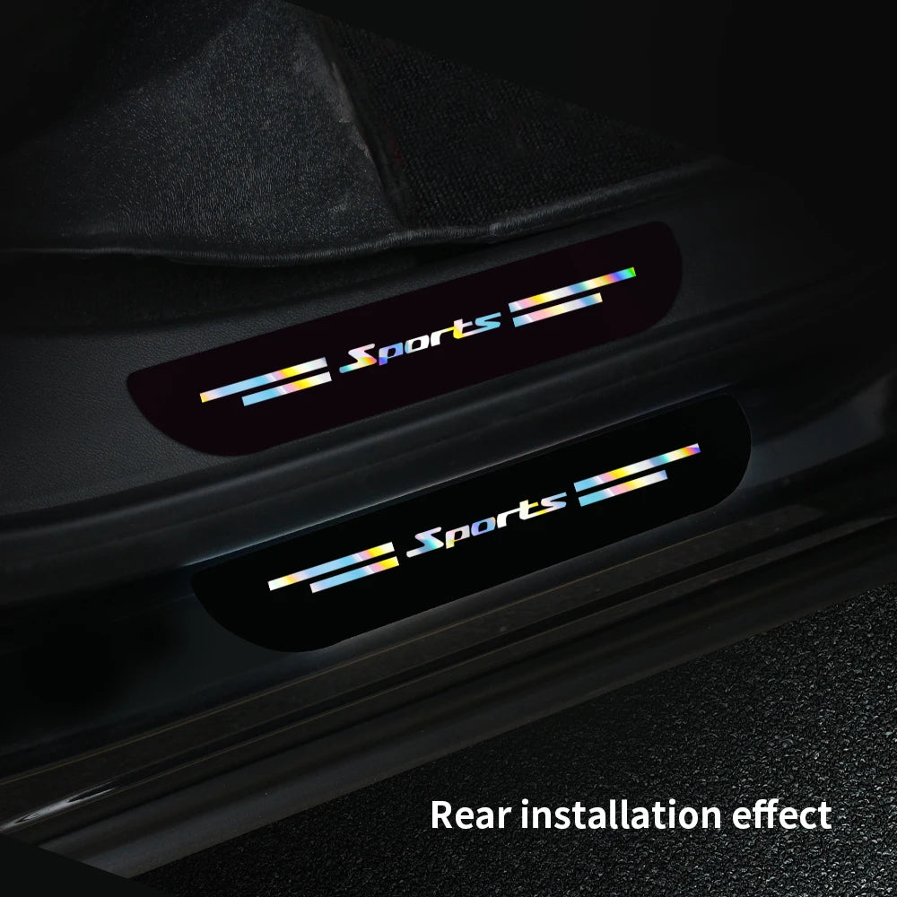 Close-up of a car door sill showing rear installation effect vinyl decals with the word Sports
