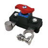A red and black universal car battery cut-off switch with a metal clamp.