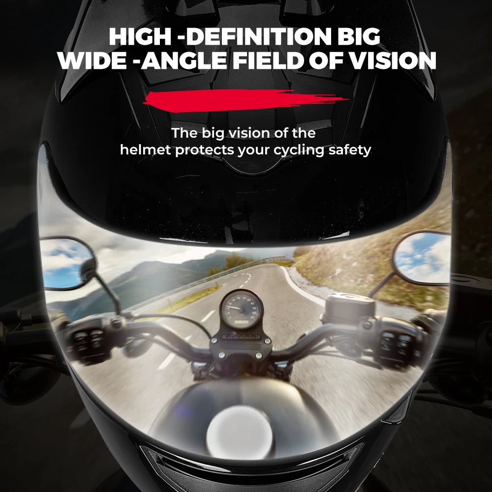 Close-up view of a motorcycle helmet showing a wide-angle field of vision and a road ahead.
