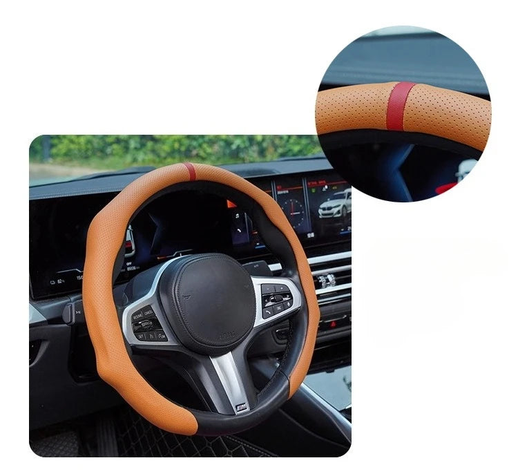 Close-up view of a brown leather steering wheel cover on a car interior.