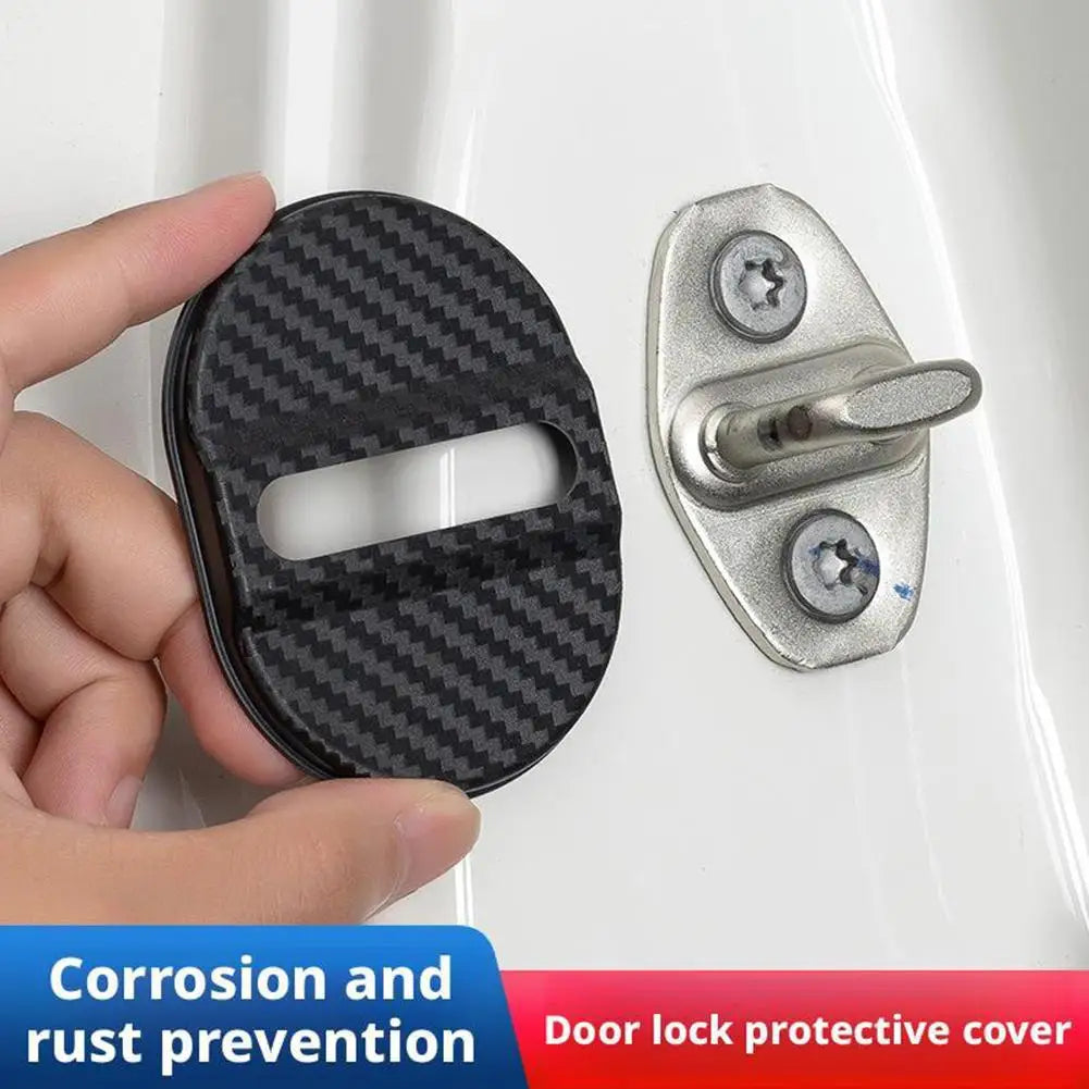 A hand holds a black carbon fiber door lock protective cover next to a silver door lock component.