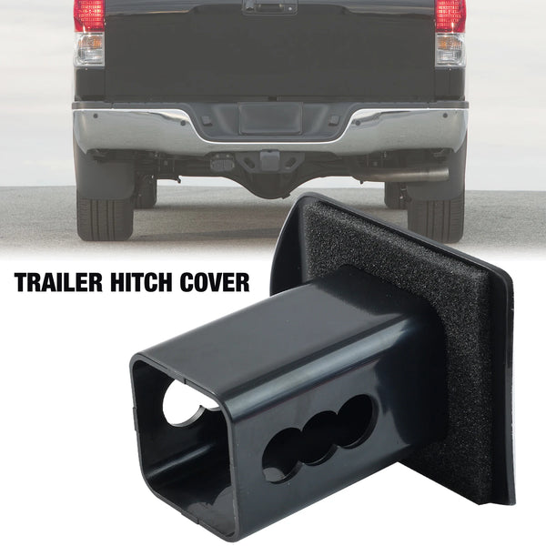 Black trailer hitch tube plug cover shown next to a rear view of a vehicle's hitch receiver.