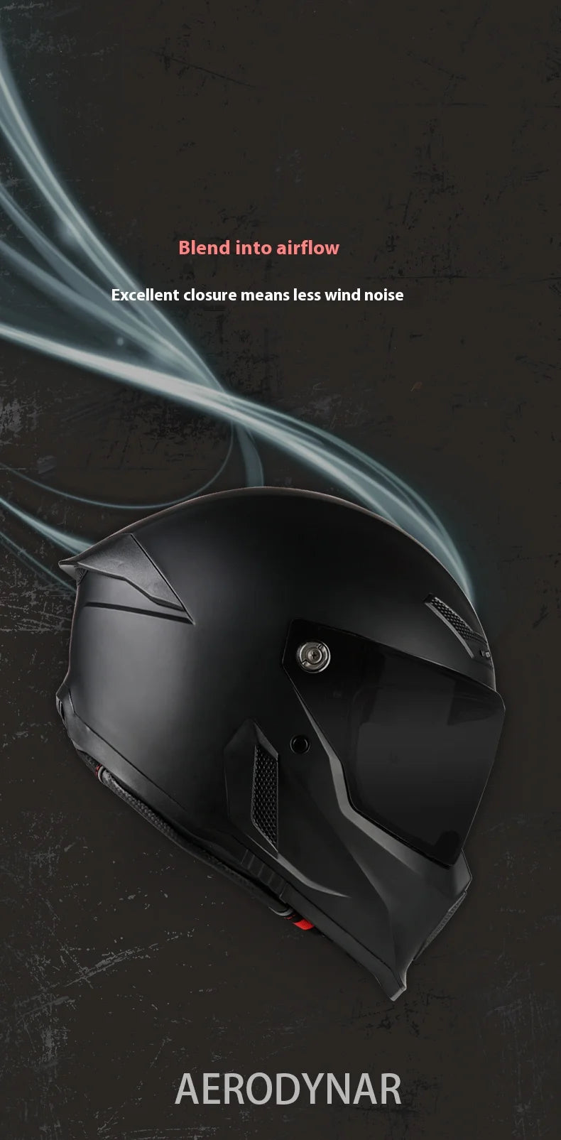 Casco de motocicleta Aerodynar negro de cara completa mostrado contra un fondo oscuro con líneas de flujo de aire.