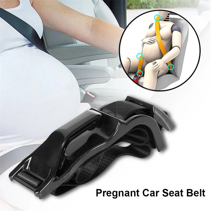 A black pregnant car seat belt is shown next to a diagram illustrating its placement on a pregnant person's body.