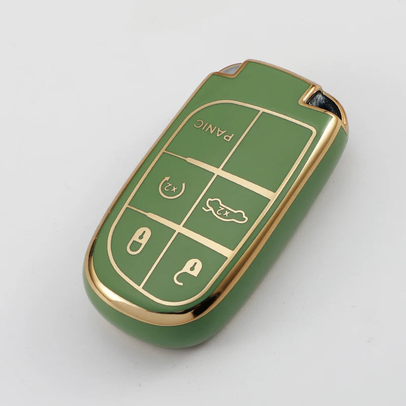 A green and gold TPU car key case cover with multiple key slots for various vehicles.