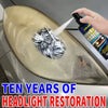 A hand sprays a car headlight with Joint & Pearl Headlight Restoration spray.