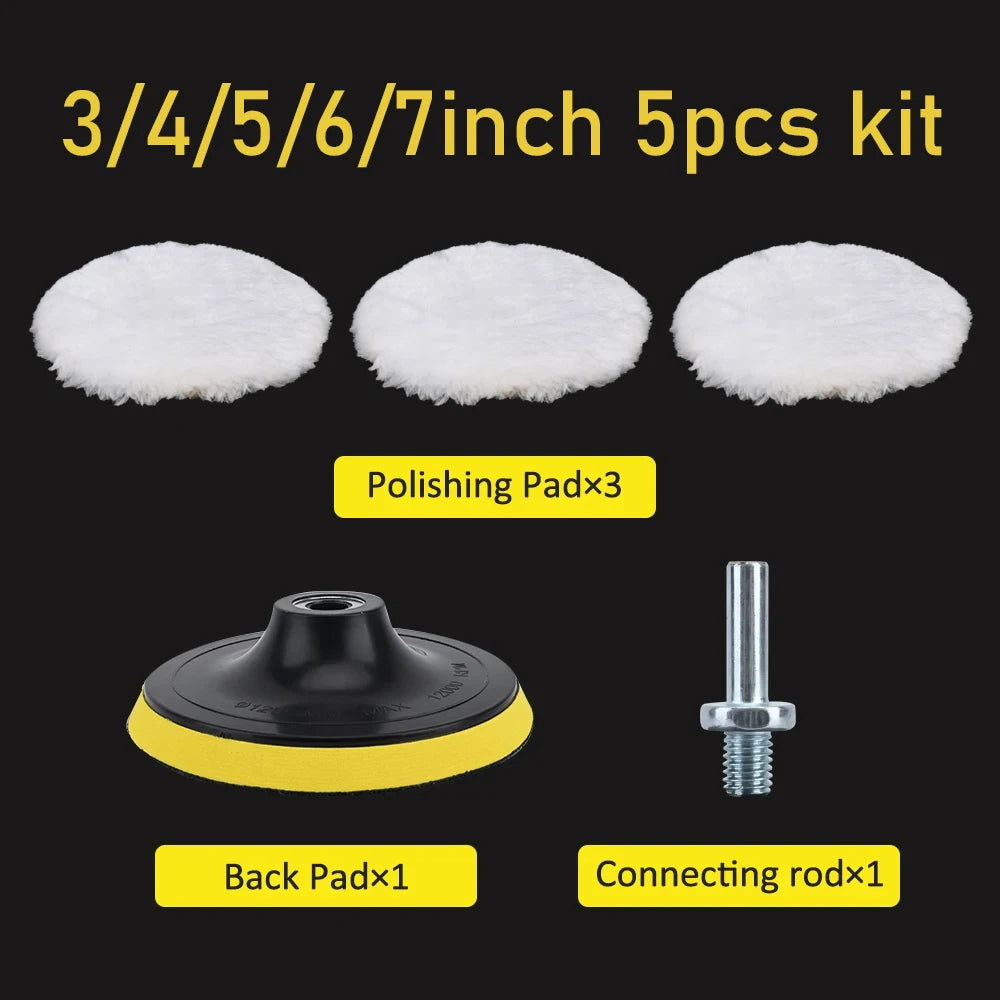 A kit containing five 3/4, 5, 6, and 7 inch polishing pads, one back pad, and one connecting rod for car detailing.