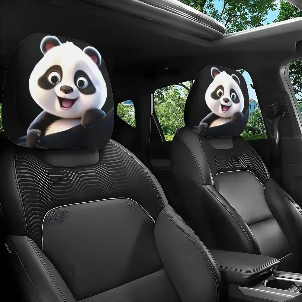 Black car seat headrest covers featuring panda designs for decorative protection