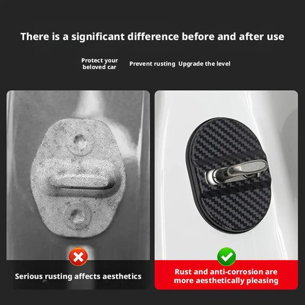 Before and after comparison of a car door lock protective cover, showing rust prevention and aesthetic improvement.