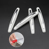 Three silver car door edge protection strips are shown with a hand demonstrating their use.