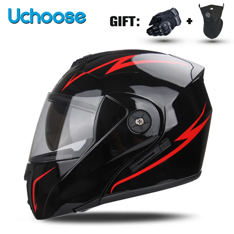 Black Uchoose DOT certified double lens flip-up motorcycle helmet with a red lightning bolt design