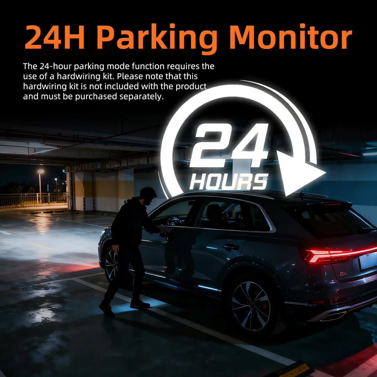 A dark SUV is shown in a parking lot with a graphic indicating 24 hours of monitoring.