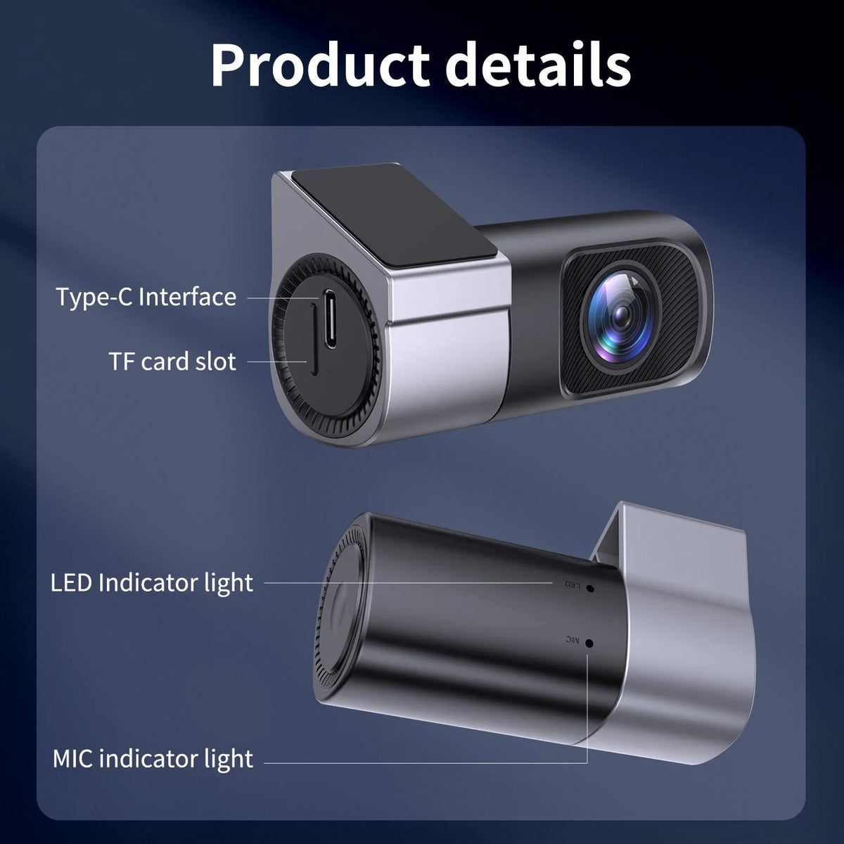 Vue rapprochée d'une caméra de suivi argentée montrant son interface USB-C, le slot pour carte TF, le voyant lumineux LED et 