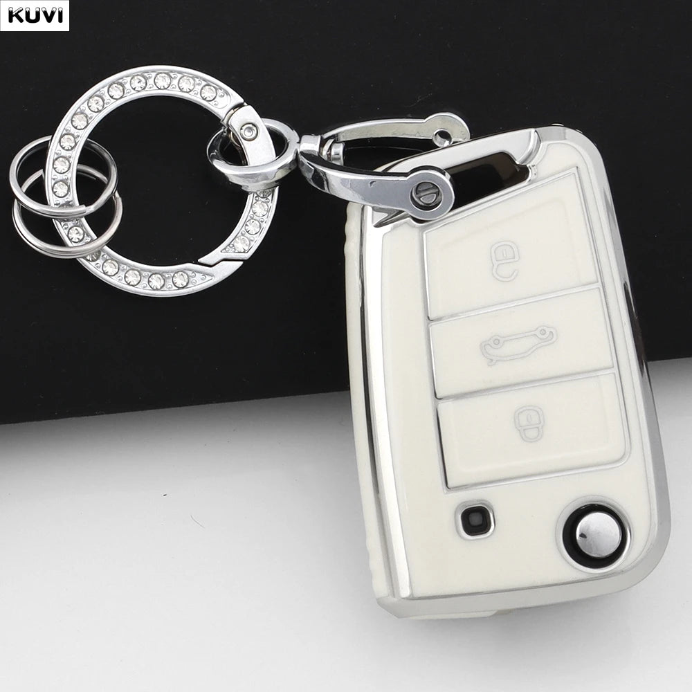 Silbernes TPU-Cover für Autoschlüssel von VW/Skoda mit Ring und Fernbedienung.