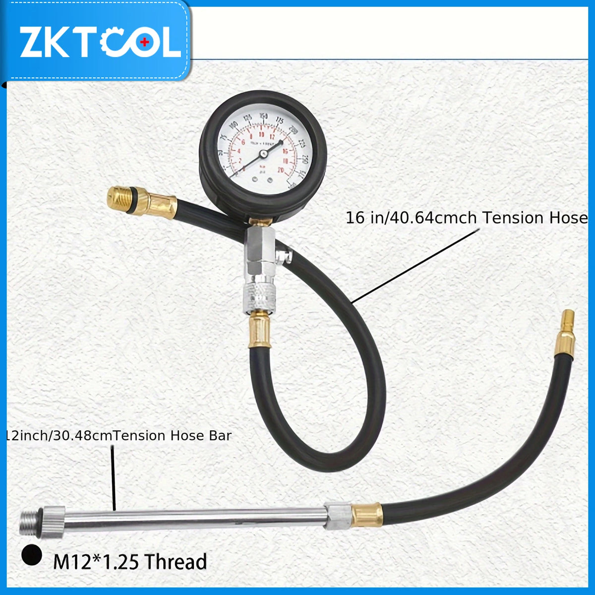 A portable engine compression tester kit showing a black tension hose, a tension hose bar, and an M12 thread fitting.