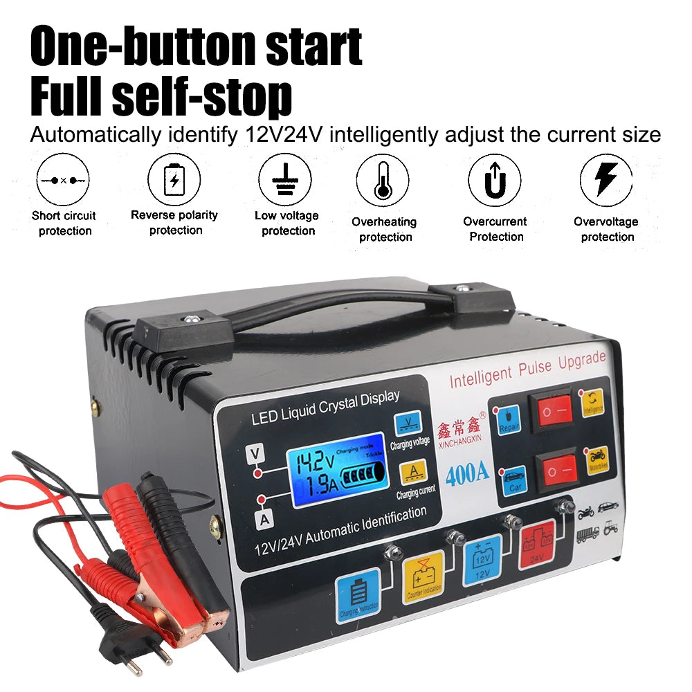 A black pulse battery charger with a LED display and various protection features is shown.