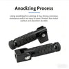 A pair of black universal motorcycle foot pegs and footrests shown with an anodizing process description.
