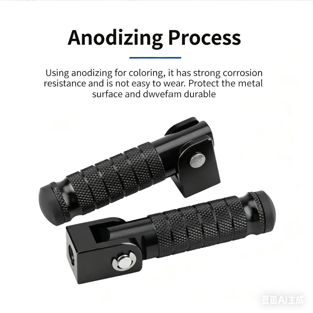 A pair of black universal motorcycle foot pegs and footrests shown with an anodizing process description.