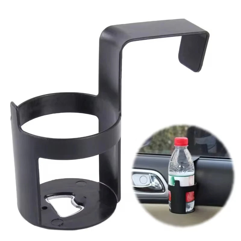 Black multi-purpose car door storage organizer with a cup holder and phone mount