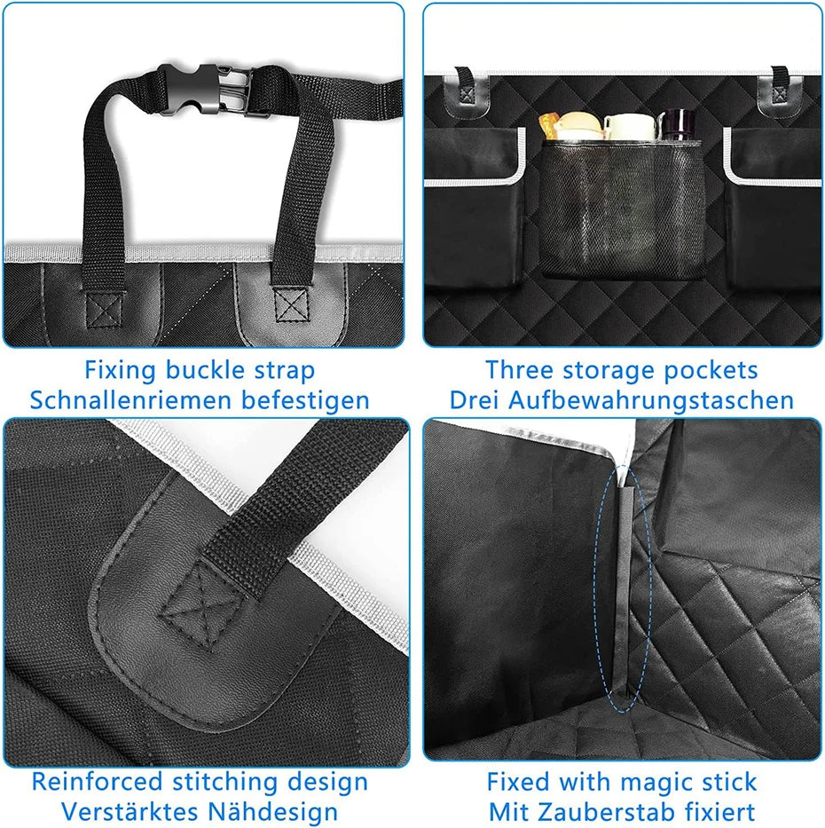 Various features of a black pet trunk liner including fixing buckle straps, storage pockets, reinforced stitching, and a magi