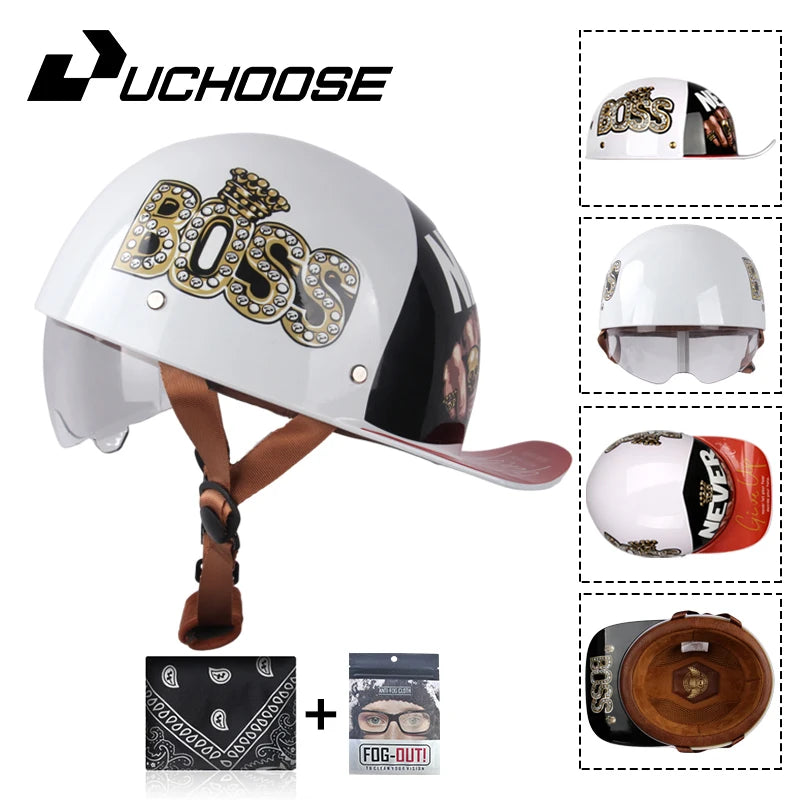 A white motorcycle helmet with gold BOSS lettering and a brown leather visor, shown alongside accessories.