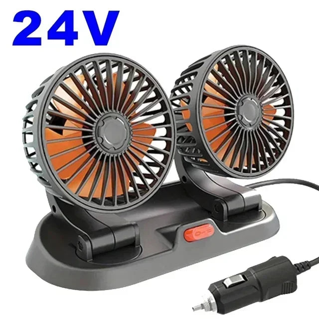 A 24V car cooling fan with two oscillating blades and an aromatherapy feature, shown with its power cord.